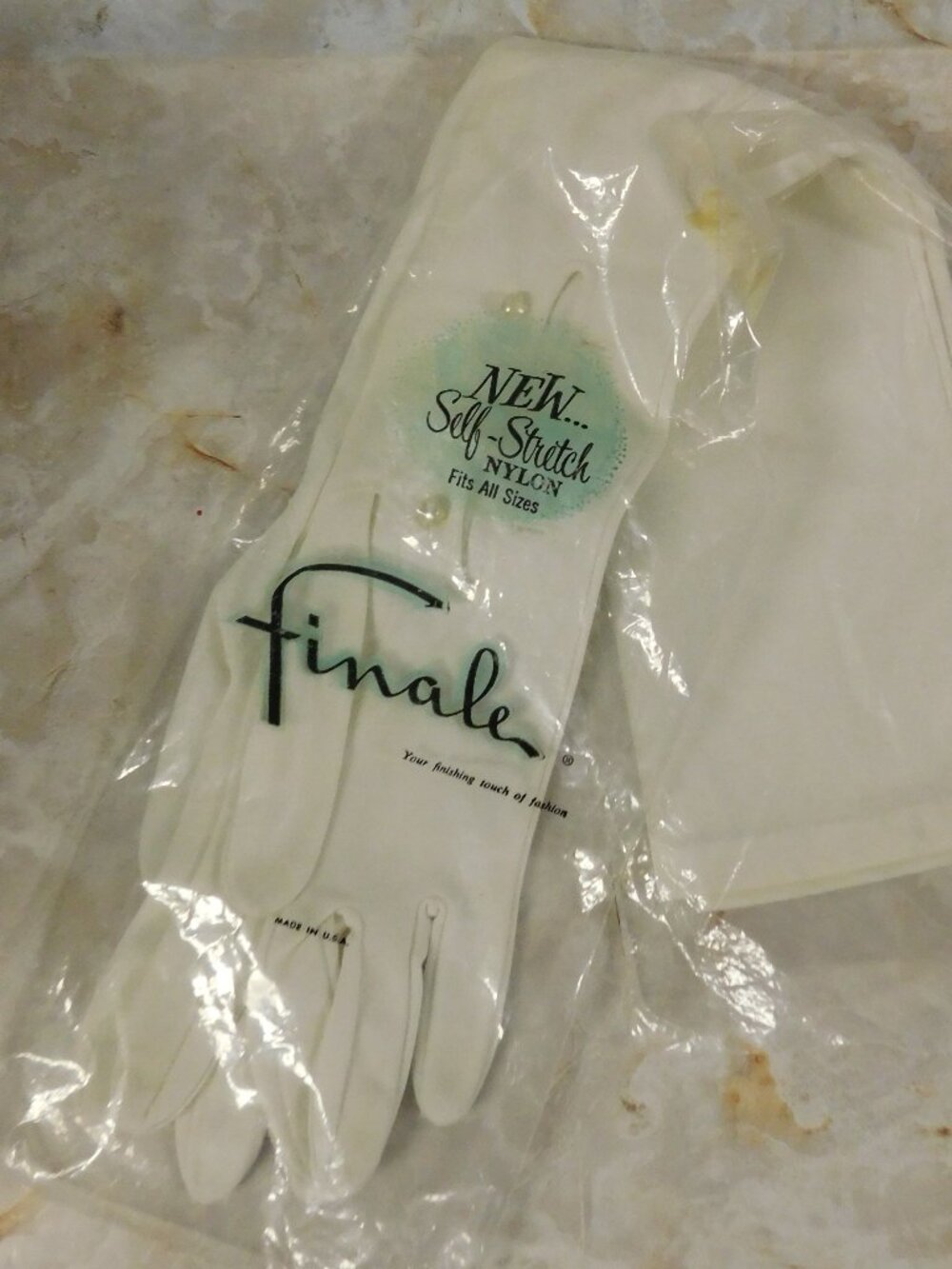 VTG USA Made Self Stretch Nylon Faux Pearl Button Opera Gloves New / Old Stock